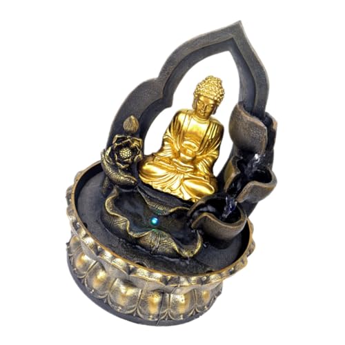 SOLUSTRE Buddha Tabletop Waterfall Fountain Resin Water Feature for Indoor Decor Serene Garden Ornament with LED Light Chinese Inspired Design for Home Office Ambiance