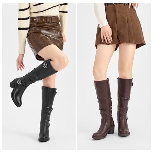 SelenePair Women's Knee High Boots Fashion Round Toe Buckle Strap Slouchy Mid Chunky Block Heel Boot2