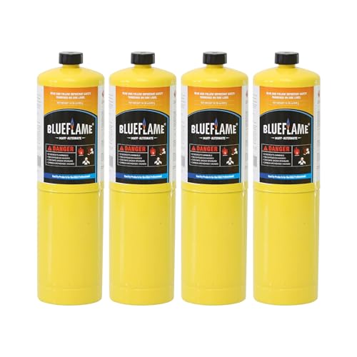 BlueFlame MAPP ALTERNATE Gas Cylinder Pack of 4 99.9% High-Purity Propylene Equal To MAP-PRO Hotter than Propane Ideal for Welding Brazing Soldering HVAC Plumbing and Culinary Use 14.1 oz