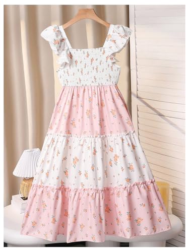 Girl's Ditsy Floral Tiered Ruffle Summer Dress Short Cap Sleeve Smocked A Line Flowy Dresses2