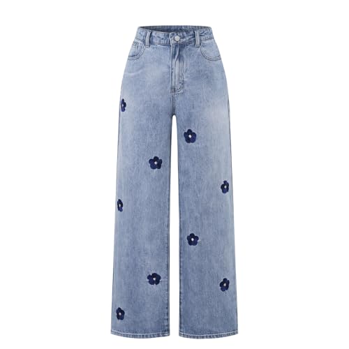 Women's Flower Decal Leg Denim Pants High Waisted Straight Leg Pants Jeans with Pockets (0804-L) Blue