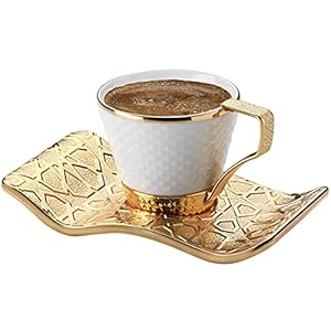 DEMMEX Set of 6 Stunning Turkish Greek Coffee Espresso Demitasse Cups with Cup Holders and Saucers, 18 Pcs – Porcelain Cups, Decorated Gold Metal Saucers and Cup Holders, 2.6 Oz – 80ml (White – Gold)