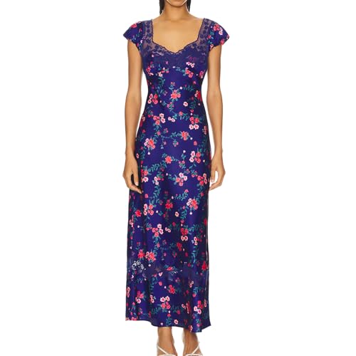 Image of Women Sexy Lace Patchwork Mesh Dress Floral Print Cutout Sweetheart Neck Backless Slit Summer Maxi Dress