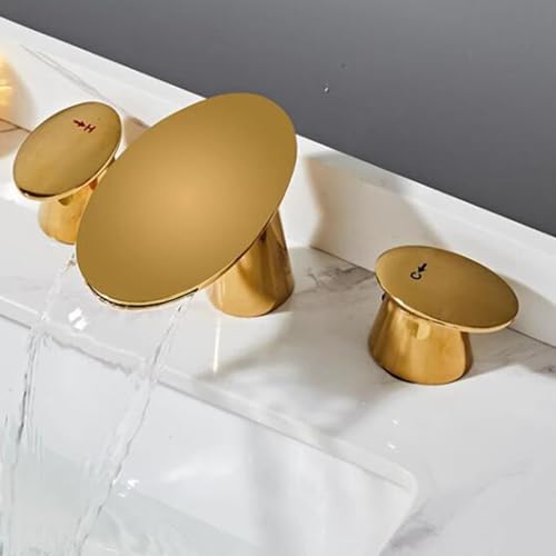 Grifos For Lavabo De Baño Grifo De Latón Con Cascada De 3 Orificios Grifo For Lavabo De Baño Con Agua Fría Y Caliente(Gold)