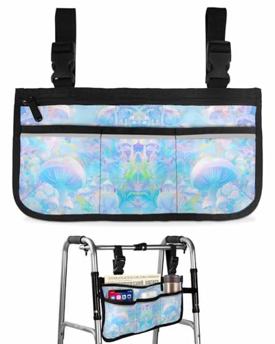 Anzona Rainbow Mushroom Wheelchair Side Bag Walker Bag, Modern Botanical Abstract Art Wheelchair Accessories Armrest Pouch, Organizer Storage Bag for Walkers, Rollators, Scooters, 7.3''x13''