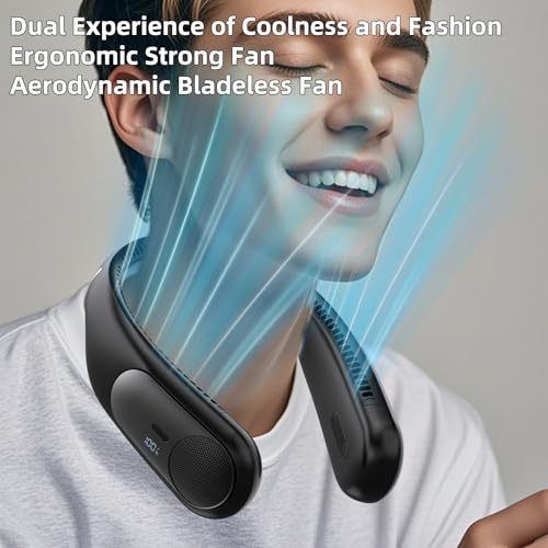 Image of Portable Neck Fan, Personal Wearable Bladeless Fan for Outdoor Indoor, LED Display, 360 Cooling, 4-Speeds, 6000mAh USB Rechargeable, Birthday Gifts for Men Women Dad Mom (Black)
