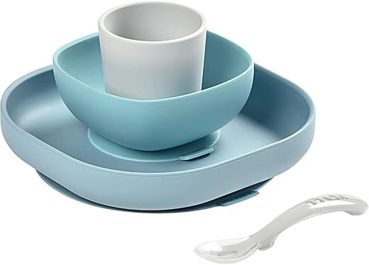 BEABA Silicone 4-Piece Meal Set - Easy to Clean - Dishwasher and Microwave Safe - Soft, Unbreakable, Non-Slip Suction Bott...