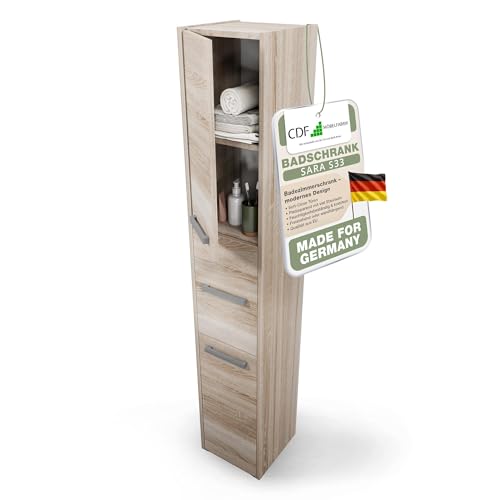 CDF Badezimmerschrank - Badschrank Schmal 30x30x170cm - Moderner Badezimmerschrank - Ablagefläche - Geräumige Einlegeböden - Türen - Einfache Montage - Eiche Sonoma
