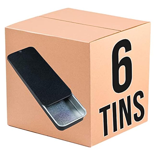 RVTUS - Metal Rectangular Empty Tins with Removable Slide Top Lid - Portable Mini Storage Containers Kit for Crafts, Pills, Geocaching, Organizer, Lip Balm & More! (Black, 6)
