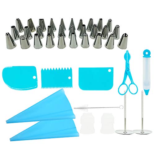 42 PCS Cake Icing Decorating Tools Set, 30 Icing Piping Tips, 2 Flower Nails, Reusable Couplers and Silicone Pastry Bags, 3 Icing Smoothers, 1 Decorating Pen and Cake Decoration Flower Lifter