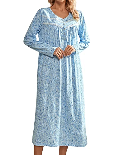 IZZY + TOBY Cotton Nightgowns for Women Long Sleeve Soft Long Warm Nightdress Kintted Night Gown