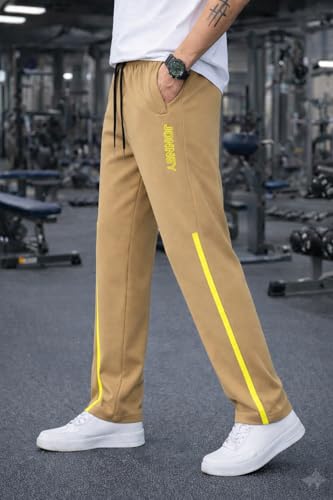 Image of Mack Jonney Men's Track Pants with Neon Yellow Side Stripe | Regular Fit Gym & Sports Lower | Activewear Training Joggers with Drawstring-M7961