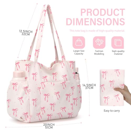hatisan Pink Bow Corduroy Tote Bag for Women, Cute Coquette Shoulder Bag - image 5