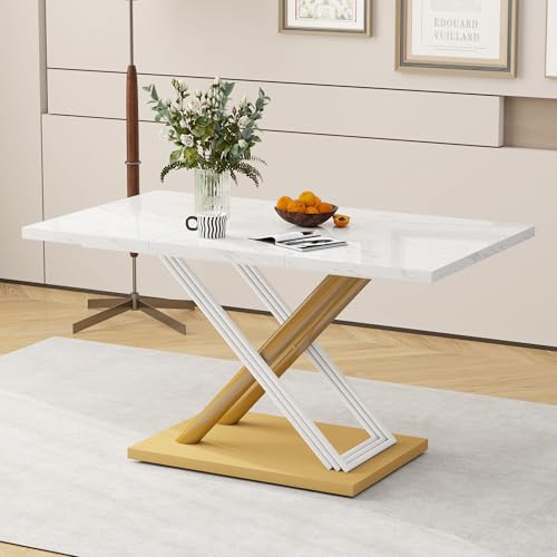 Mesa de Comedor para 4 Personas con Tablero Efecto Mármol, Patas Ajustables, Patas de Acero en Forma de X, Mesa Cocina Moderna, Mesa Comedor Madera, Mesa Salon, Mesa de Oficina, Blanco+Dorado
