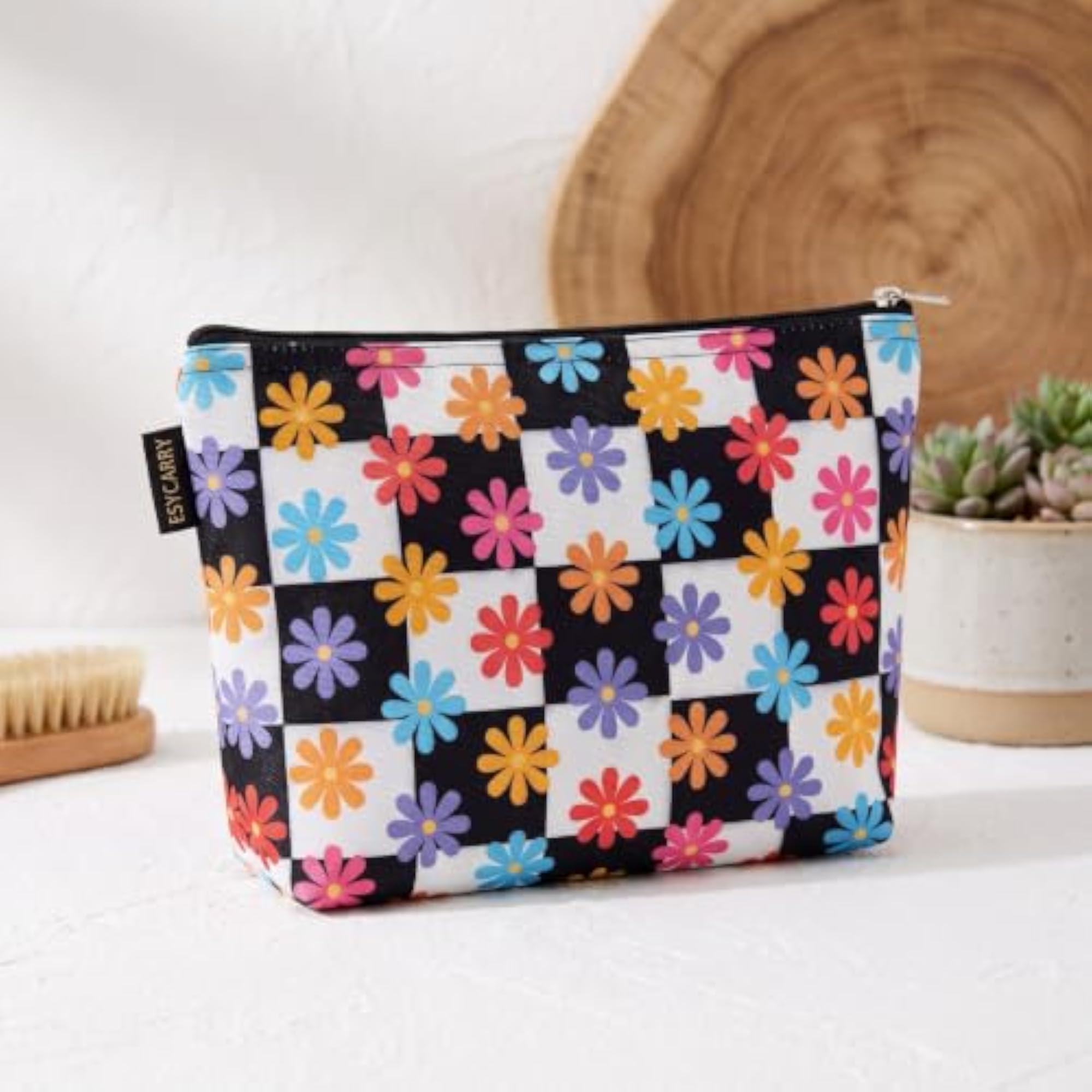 Black Retro Floral Checkerboard Canvas Makeup Pouch
