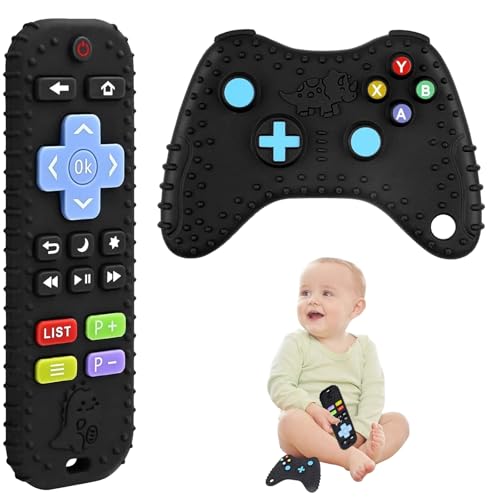 Baby Fernbedienung 2er Set, Baby Fernbedienung Silikon BPA Frei Fernbedienung + Spielkonsolemodellierung, geeignet für Babys ab 3 Monaten (Schwarz)