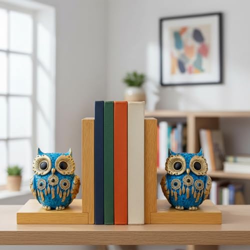 Image of eCraftIndia Wooden Book End with Owl Statue for Good Luck Showpiece for Home Decor Office Table | Gift for Housewarming Birthday