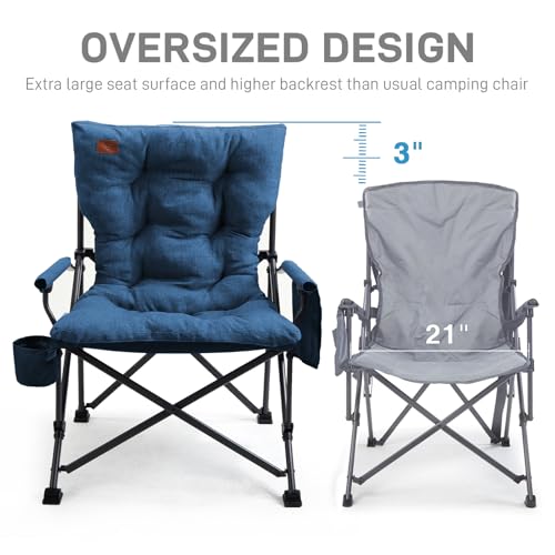 Image of EVER ADVANCED Padded Oversized Folding Camping Chair for Adults, Heavy Duty Lawn Chair with Side Pockets, Portable Collapsible Quad Chair for Outside, Support Up to 500lbs, Blue