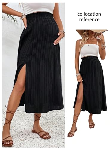 Makemechic Women'S Maternity Skirt Elastic Waist Split Side Pleated Summer Pregnancy Long Skirts Black Medium thumb #5