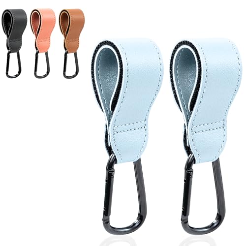 BABALUU Pack Ganchos Carro Bebe Cuero – 2 Enganches – Soportan hasta 20kg de peso - Mosquetón Carrito Bebe – Accesorios para Silla de Paseo para colgar Bolso, Mochila, Bolsas (Azul)