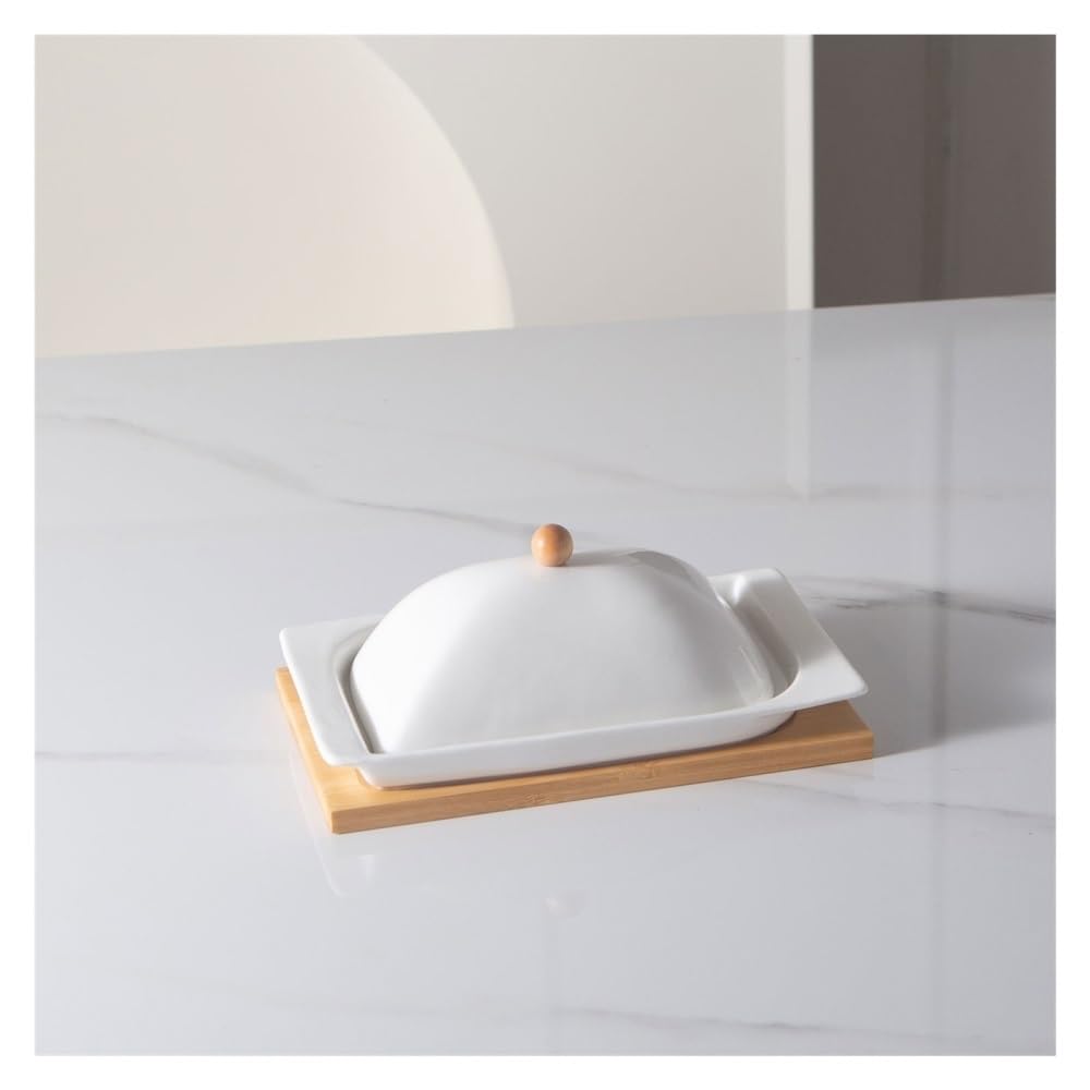 recipiente para mantequilla, Mantequillera de cerámica rectangular con tapa y base madera