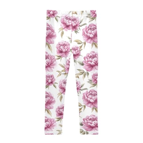 Watercolor Pink Peony Flower Girls Leggings Ultra Soft Compression Yoga Gym Pants for Kids 4-10T2