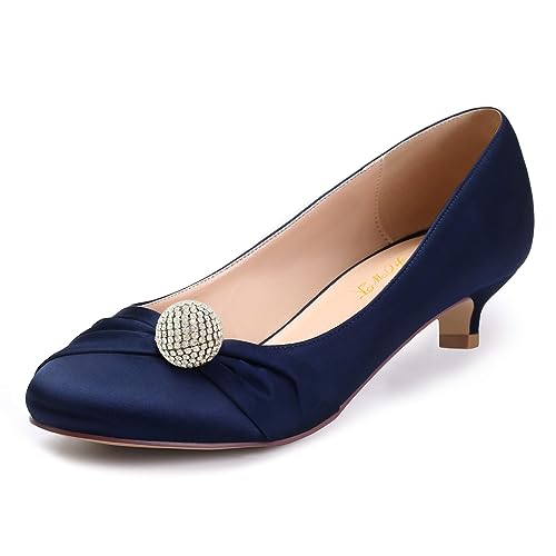 FOWT Women Closed Round Toe Pumps Rhinestone Ball Low Kitten Heels Slip On Wedding Party Dress Work Shoes Size 4-16 US