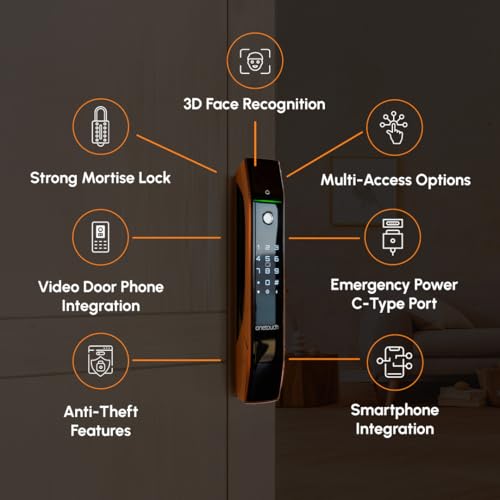 Image of ONETOUCH Smart Face Recognition Digital Door Lock OT630 (BLE) | Fingerprint | RFID | PIN | OTP | Bluetooth Bridge | Free Installation | Mortise SS304 | Electroplated Finish, Black