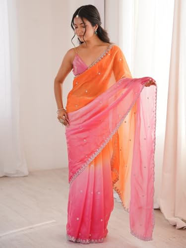 Image of AKHILAM Women's Shimmer Satin Sequence Embroidery Saree With Unstitched Blouse Piece(AARYAN21701 KR Parent)