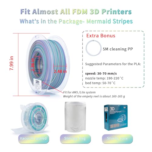 Image of ZIRO PLA Filament 1.75mm, Matte Multicolors 3D Printer Filament, Dyanmic Visual Effect, Fast Color Change Matte PLA Stripes Series, 2.2lbs Spool, Fit for Most 3D Printer, Mermaid Stripes