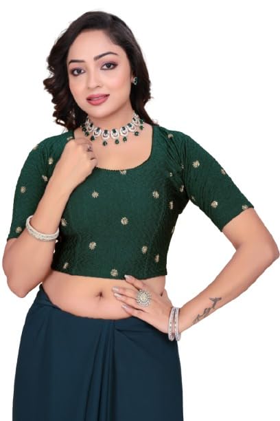 Women's Embroidered Readymade Saree Blouse – Short Sleeve Designer Padded Blouse for Sarees, Stretchable Fabric, Elegant Floral Back Embroidery-image-14