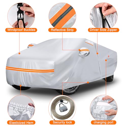 Image of Waterproof Car Cover Replace for Tesla Cybertruck, 6 Layers Silver All Weather Full Car Covers with Zipper Door & Windproof Bands for Snow Rain Dust Protection