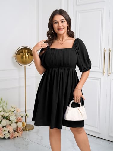 Image of SCOMCHIC Women's Plus Size Dresses Puff Short Sleeve Square Neck Smocked Pleated Casual Summer Mini Babydoll Dress