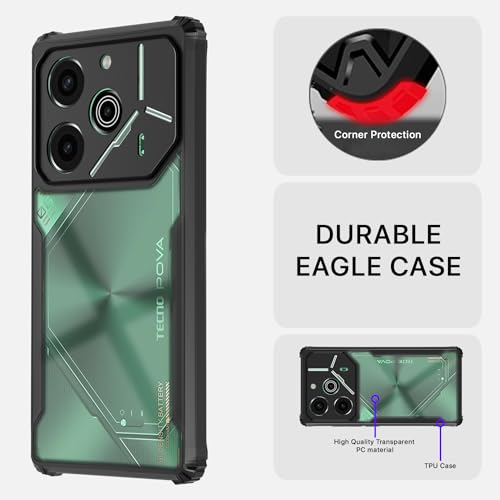 Image of Pikkme Tecno Pova 6 Pro 5G Back Cover | Crystal Clear Transparent Back | Ultra Hyrbid | Full Camera Protection | Raised Edge | Bumper Back Case (Black)