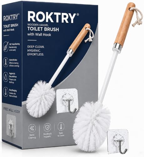 Image of ROKTRY Wooden Toilet Brush with Flower Hook,Natural Bathroom Cleaning Brush Sustainable Toilet Scrubber Modern Bathroom Accessories with Loop String for Easy Hanging for Home Bathroom Decor