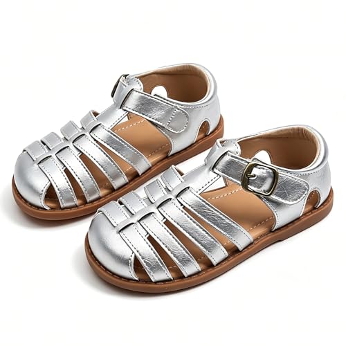 Image of Toddler Girl Sandals with Flower, Breathable Leather kids Closed Toe Sandals, Soft Rubber Non-Slip Summer Shoes for Little Girls 2-7 Years