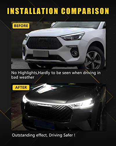 YM E-Bright Led Hood Light Strip Exterior Led Strip Lights for Cars Waterproof Flexible DRL Dynamic Scan Start Up Hoodbeam Kit Daytime Running Light for Car,Truck,SUV,12V 70inch White,1 Set