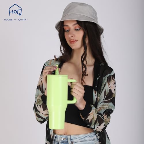 Image of House of Quirk 1200ML Tumbler with Handle & Simple Flip Straw - Car Cup Holder Friendly, Leak Resistant Stainless Steel Water Bottle with Rubber Base (Neon Green)