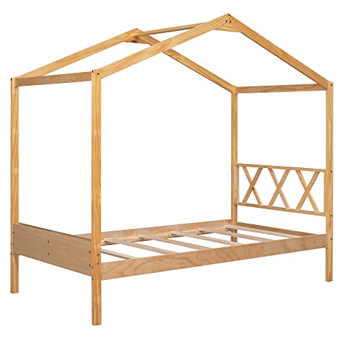 Aocoroe Wood House Bed Twin Bed Frame For Boys And Girls, Twin Size Playhouse-Design Canopy Bed Montessori Platform Bed Frame,No Box-Spring Needed #TOP4
