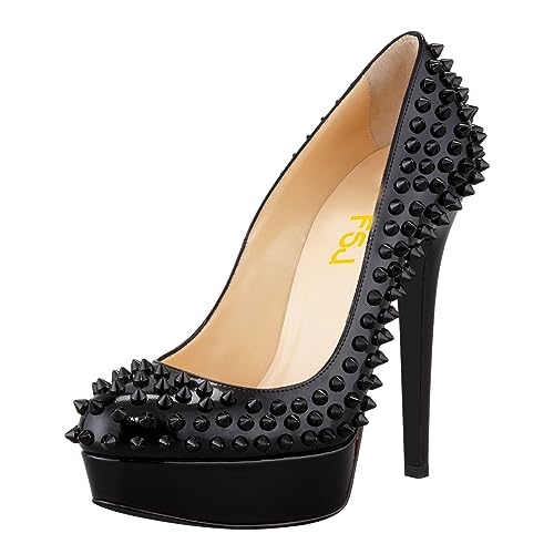 FSJ Women Classic High Stiletto Heel Rivets Platform Pumps Closed Round Toe Slip On Studded Sexy Work Party Wedding Dress Shoes Size 4-16 US