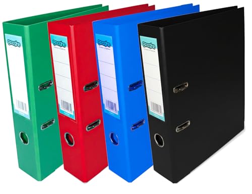 Image of Booghe A4 Lever Arch File with Protector – Single, 4 or 10 Pack – Black, Red, Blue, Green, Turquoise, Fuchsia – Heavy Duty Office Filing & School Binders (4, Assorted)