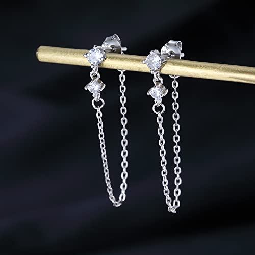 Reffeer Sterling Silver Chain Dangle Earrings for Women Teens CZ Chain Drop Earrings Studs 6