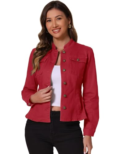 Allegra K Casual Denim Jacket for Womens Classic Stand Collar Long Sleeve Jean Jacket Medium Red