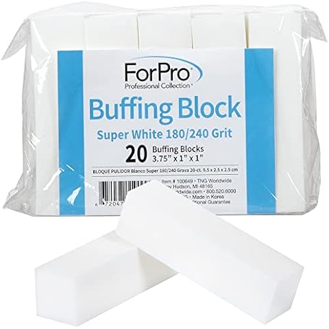 ForPro Buffing Block, Super White, 180/240 Grit, Four-Sided Manicure and Pedicure Nail Buffer, 3.75” L x 1” W x 1” H, 20-Count Cover