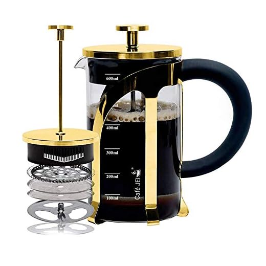 Cafe JEI French Press Coffee and Tea Maker 600ml with 4 Level Filtration System, Stainless Steel, Heat Resistant Borosilicate Glass, Included Coasters (Set of 4) (Gold, 600ml)