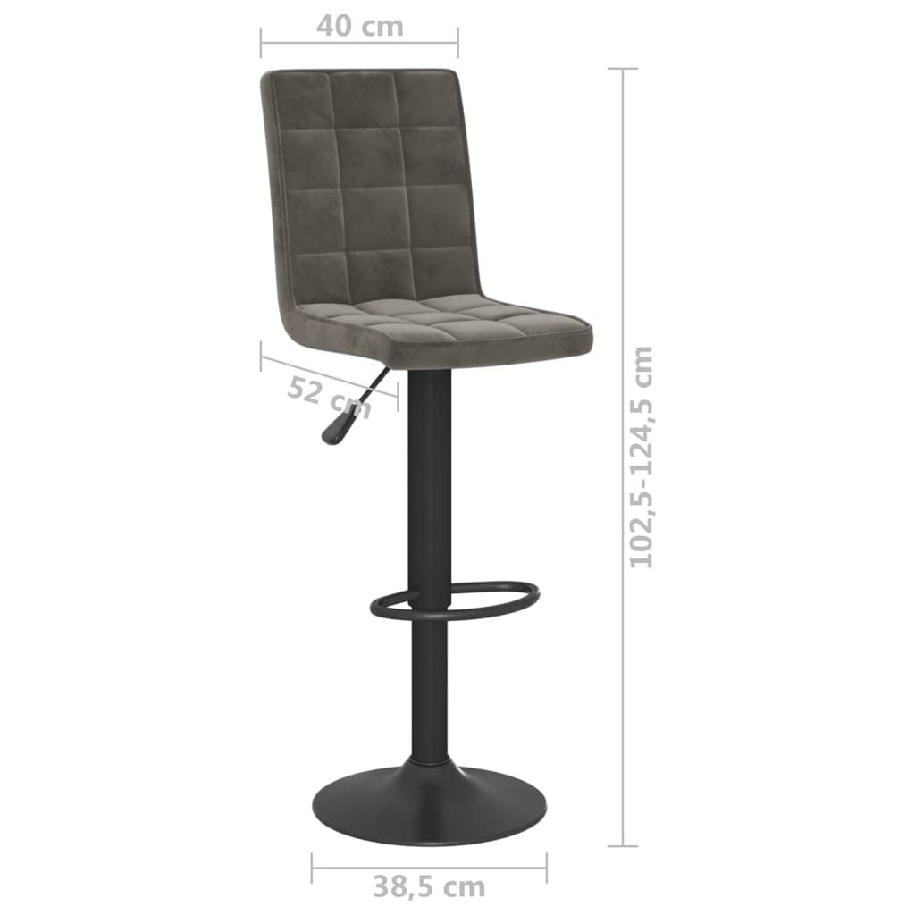Taburete de bar estable con estructura de acero y suave tapizado en terciopelo, silla de bar regulable en altura con resorte de gas, taburete giratorio con reposapiés en gris oscuro