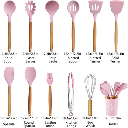 Image of Sakoraware Silicone Kitchen Utensils Spoon Spatula Cooking 12 Pcs Set | Baking Set | Non-Stick with Wooden Handle- BPA Free, Heat Resistant Item Flexible Non Toxic Silicon Cookware Tools with Holder
