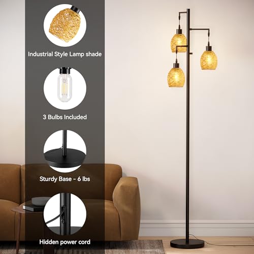 Image of SUNMORY Dimmable Floor Lamp, 68 Inch Tall Lamps for Living Room, Standing Lamp with 3 x 6w LED Bulbs, Tree Lamp, Farmhouse Industrial Floor Lamp for Bedroom, Office, Black & Rattan Shade