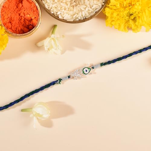 Image of ROOVI Pure 925 Sterling Silver Rakhi for Bhai with Roli Chawal | Chandi Ki Rakhi Original | Krishna Morpankh, Trishul, Ganesh, Ram, Om, Evil Eye, Infinity Rakhi for Brother With Certificate