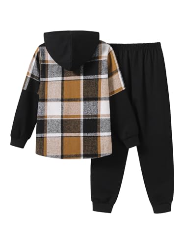 Image of 2Pcs Boys Clothes Sweatsuit Set Hoodie Flannel Plaid Shirt and Jogger Pants for Kids Fall Winter Spring Outfits